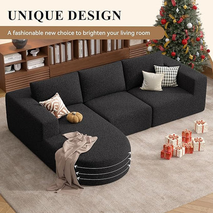 Modular Sectional Sofa with L-Shape Chaise,Cloud Sectional Modern Sleeper Couch with Deep Seat,Sponge Compression Sofas No Assembly Required (Black-Sherpa Fabric) 1PCS