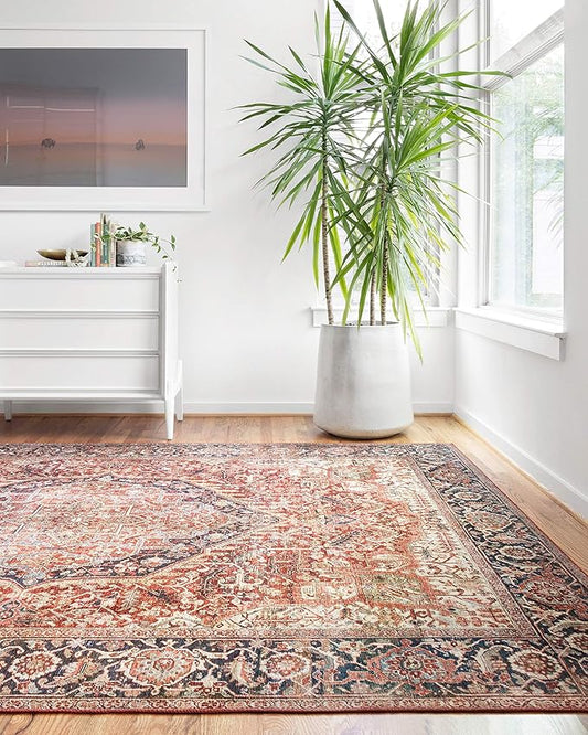 Loloi Layla Collection LAY-08 Red/Navy 9'-0" x 12'-0" .13" Thick Area Rug, Soft, Durable, Vintage Inspired, Distressed, Low Pile, Non-Shedding, Easy Clean, Printed, Living Room Rug