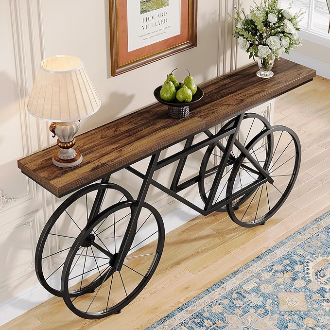 Tribesigns 70.9-Inch Extra Long Console Table, Narrow Sofa Table with Bicycle Metal Base, Modern Industrial Entryway Table Behind Couch Table for Living Room, Hallway, Entrance, Foyer, Rustic Brown
