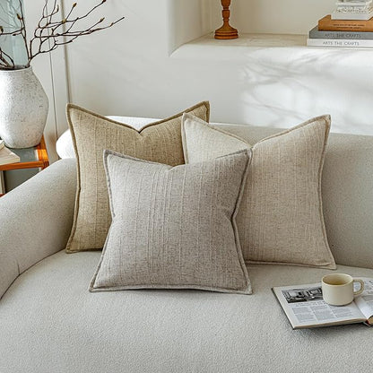 a moment Linen Pillow Covers Set of 2,Boho Farmhouse Throw Pillowcases Neutral Textured Decorative Covers for Couch Sofa Bed, Soft Linen Blend Accent Case Cushion Home Decor 18"x18" Beige Grey
