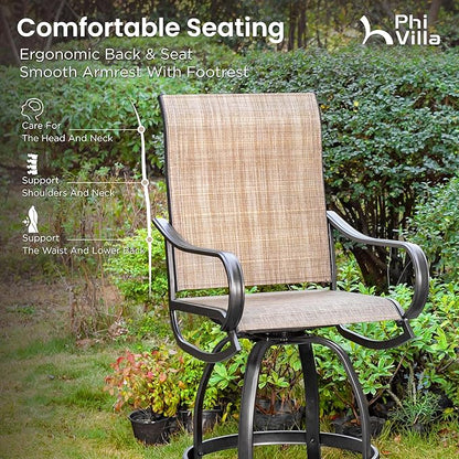 PHI Villa Outdoor Swivel Bar Stools Set of 2, Counter Height Patio Chairs with Waterproof Textile Fabric Brown, Rustproof Metal Frame & Circular Footrest for Poolside, Garden, Yard