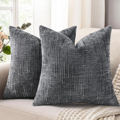 decorUhome Dark Grey Chenille Throw Pillow Covers 20x20 Set of 2 Thick Textured Slubby Couch Pillow Covers Farmhouse Accent Modern Neutral Decorative Pillow Cases for Bed Sofa Living Room