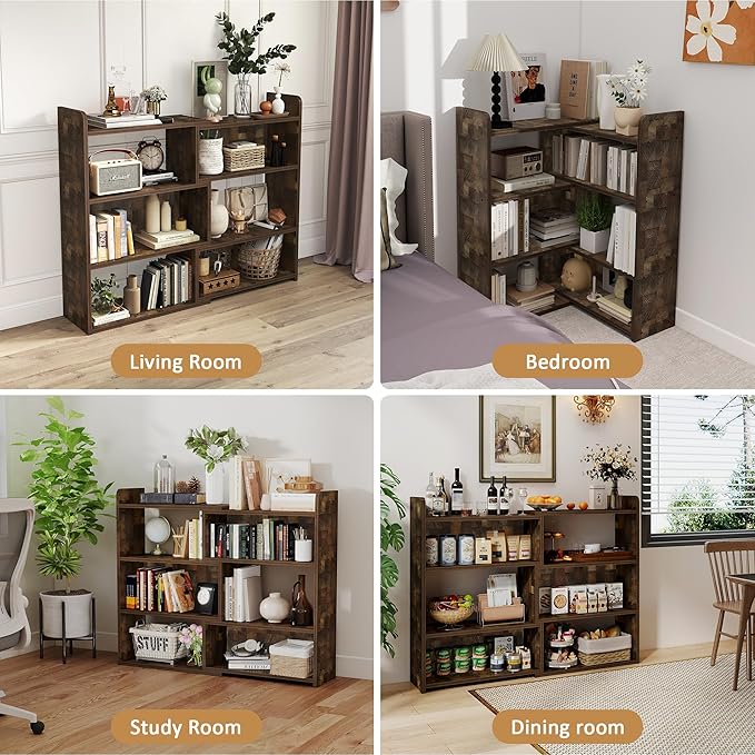 NOBPEINT Wooden Expandable Bookcase, 3-Tier Ladder Open Storage Bookshelf, Storage Organizer Bookcase for Study Office Living Room, Brown