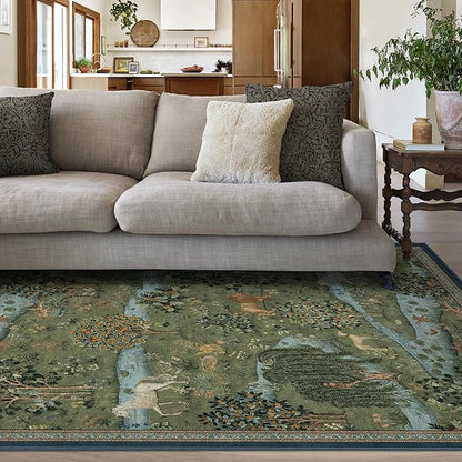 RUGGABLE x Morris & Co Washable Area Rug – Owl & Willow Green 6x9, Stain-Resistant, Non-Slip – Medium Machine Washable Rugs for Living Room, Bedroom, Hallway, Entryway & Office–with Standard Pad