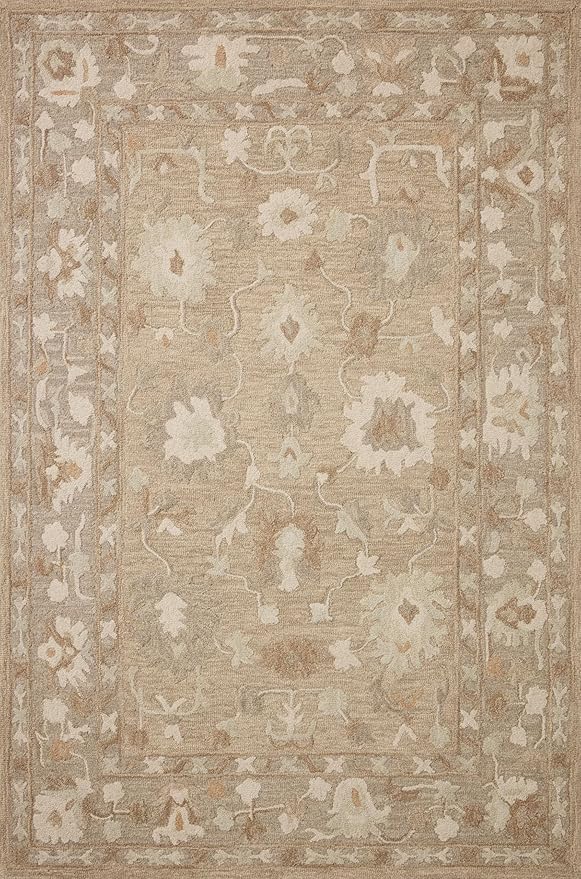 Loloi Chris Loves Julia Dorothea Collection DRT-02 Khaki/Dove 5'-0" x 7'-6" Area Rug Wool Neutral Floral Living Room Bedroom Carpet