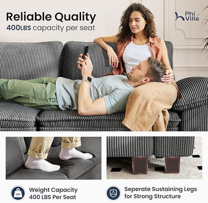 PHI VILLA Cloud Modular Couch Sets, 123.6" Sectional Sofa with L-Shaped Chaise, 4-Seater Upholstered Couches with Movable Ottoman for Living Room, Corduroy Fabric, Grey