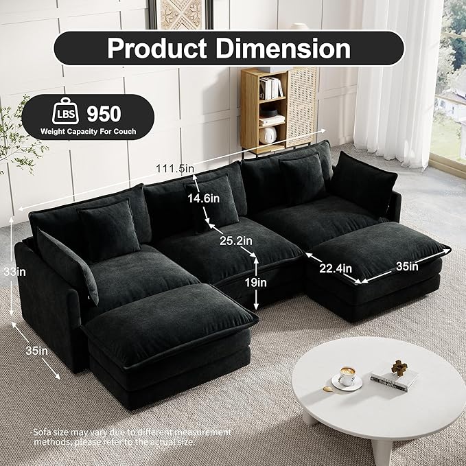Modular Sectional Sofa, 111.5 Inch U-Shaped Cloud Sofa with Deep Seat Chenille Sofa with Cushions, Three-Self Sectional Sofa for Living Room Apartment,Black
