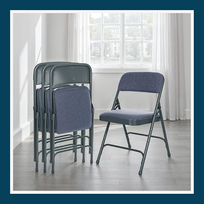 OEF Furnishings OEF2200 Series Heavy-Duty Premium Fabric Padded Upholstery Double-Hinged Folding Chairs (4-Pack, Midnight Blue)