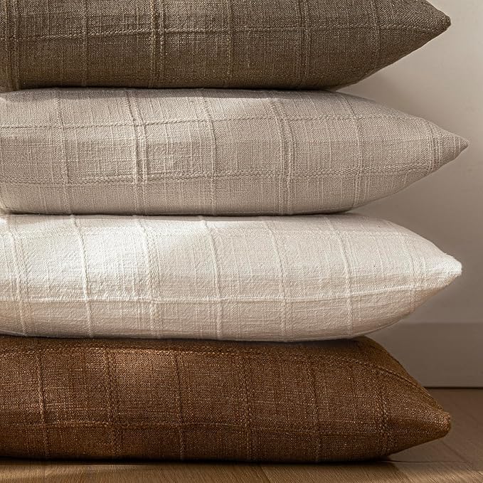 Foindtower Set of 2 Decorative Linen Check Throw Pillow Covers Neutral Farmhouse Vintage Cushion Covers Modern Boho Home Decor for Sofa Chair Couch Bedroom Living Room,16×16 Inch,Natural Linen