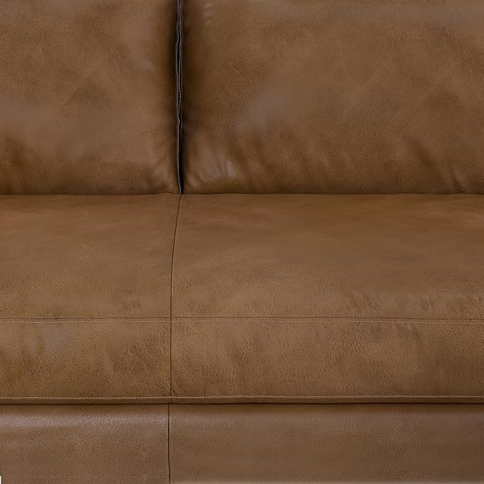 SIMPLIHOME Morrison 89-inch Wide Sofa in Caramel Brown Top Grain Genuine Leather, Mid-Century Modern Design Couch for Living Room, Single Bench Cushion, 2 Back Cushions, 2 Bolster Pillows
