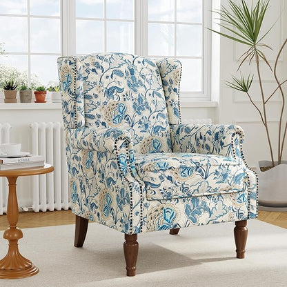 Accent Chair, Upholstered High Back Floral Armchair with Nailhead Trim & Wood Legs, Comfy Wingback Reading Single Sofa Chair for Small Spaces, Living Room, Bedroom ( Boho Blue Floral, Set of 2)