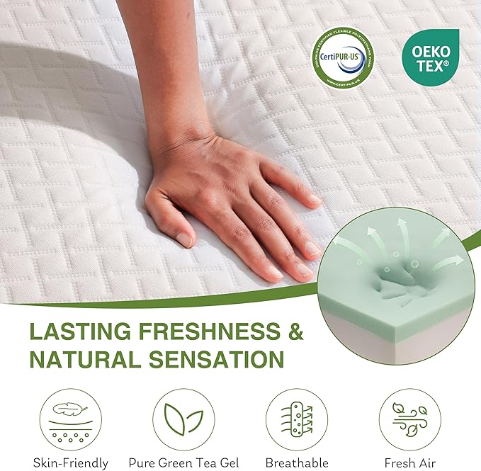 EGOHOME Twin XL Memory Foam Mattress, 8 Inch Bed Mattress in a Box with Cooling Green Tea Gel, Relieve Pressure with Medium Support, CertiPUR-US Certified, 80''L x 38''W, White