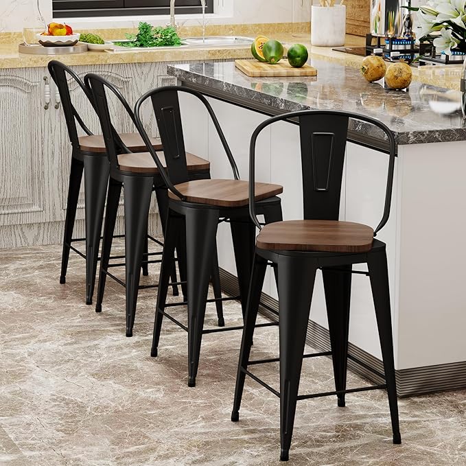 Aklaus Swivel Metal Bar Stools Set of 4 Counter Height Stools Counter Bar Stools with Back Swivel Metal Bar Chairs Wooded Seat 26 Inch Matte Black barstools