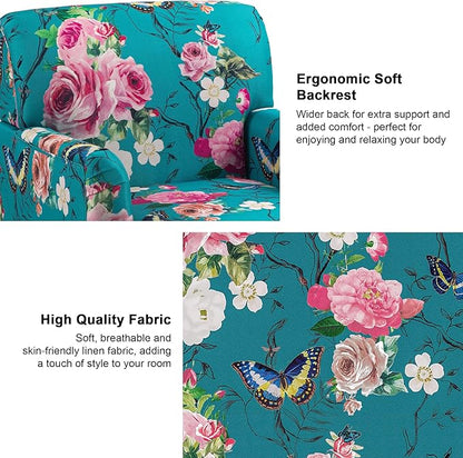 Accent Chair, Mid Century Modern Comfy Armchair for Living Room, Linen Fabric Single Sofa Lounge for Reading Bedroom Apartment Waiting Room with Wood Legs (Floral, Set of 2)