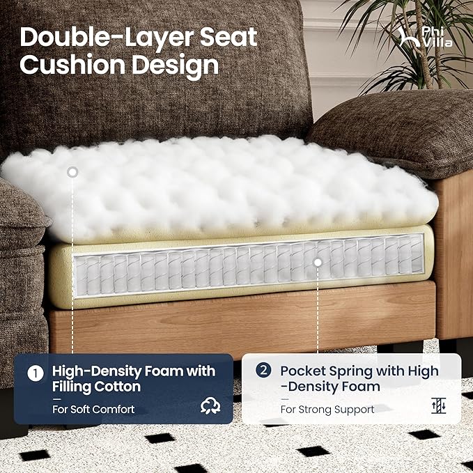 PHI VILLA Modern Modular Couches Sets, 123.6" Cloud Sectional Sofa with Upholstered Deep Seat, 3-Seater Couch for Living Room Small Spaces, Chenille Fabric, Taupe