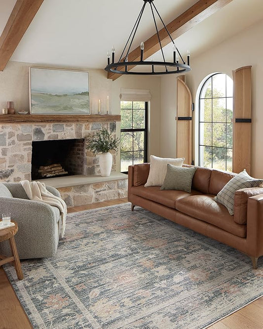 Loloi Magnolia Home by Joanna Gaines Millie Collection MIE-01 Blue/Multi 9'-6" x 9'-6", .25" Pile Height, Round Area Rug
