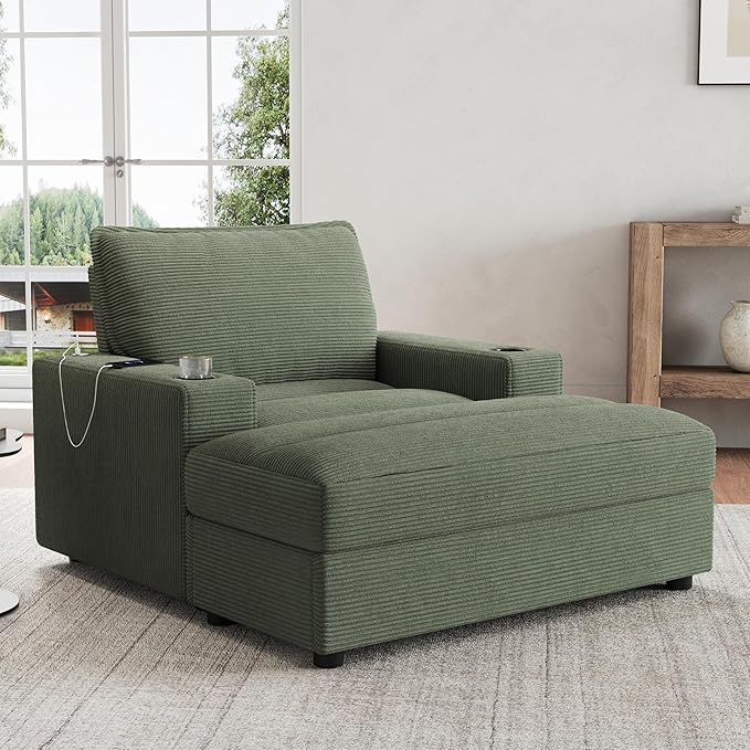 Christopher Knight Home Zoe Oversized Chaise Lounge Chair Indoor with Cup Holders & USB Charging Port, Corduroy Upholstered Sofa Bed + Ottoman with Storage, Comfy Deep Seat Sleeper Sofa Chair, Green