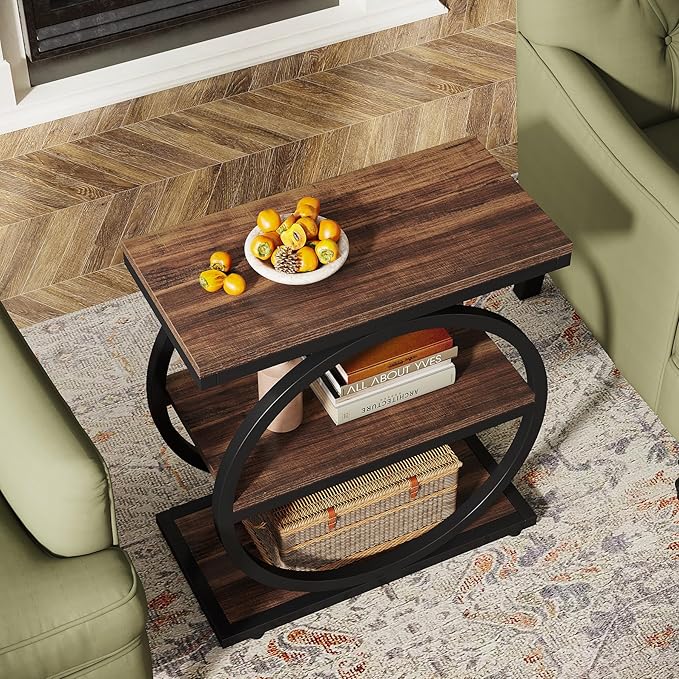 Tribesigns End Table, Narrow End Table with 3 Storage Shelves, Wood Side Table with Black Metal Frames, Industrial Small Sofa Side Table for Living Room, Slim Nightstand and Bedside Table for Bedroom