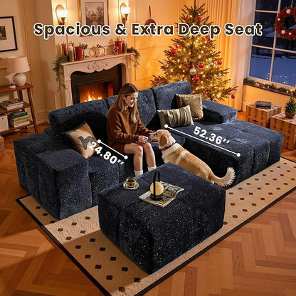 114" Glitter Cloud Sectional Couch with L-Shape Chaise & Ottoman, Modern Boneless Couches for Living Room, Fluffy Tufted Deep Seat Modular Sofa No Assembly (Blue Sparkly Velvet,Right Facing)