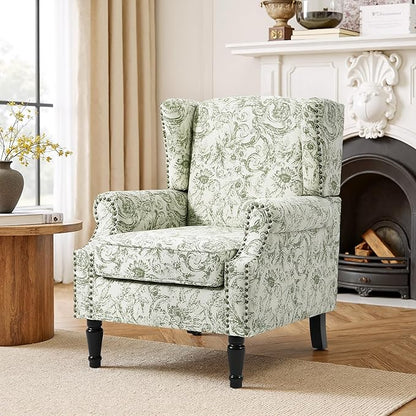 Accent Chair, Upholstered High Back Floral Armchair with Nailhead Trim & Wood Legs, Comfy Wingback Reading Single Sofa Chair for Small Spaces, Living Room, Bedroom