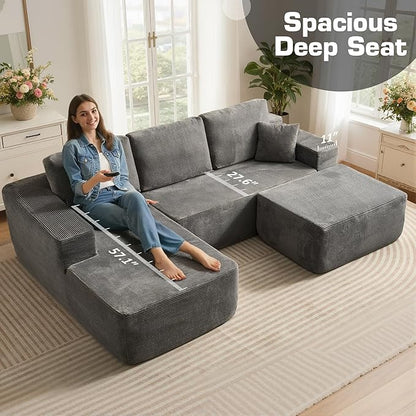 106" Cloud Sectional Couch with L-Shape Chaise & Ottoman, No Assembly Modular Sofa, Deep Seat Corduroy Boneless Couched for Living Room (Gray Stripe Corduroy, Left Facing Chaise with Ottoman)