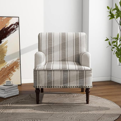 Accent Chair, Mid Century Modern Comfy Armchair for Living Room, Linen Fabric Single Sofa Lounge for Reading Bedroom Apartment Waiting Room with Wood Legs (Grey Stripe, Set of 2)
