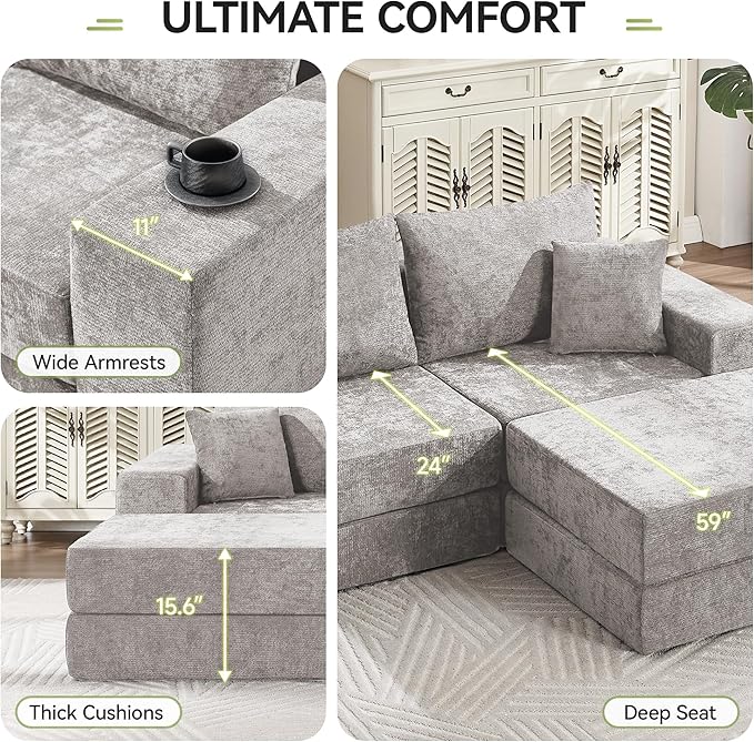 79" Boneless Loveseat Sofa Couch, Modular Foldable Floor Cloud Sofa with Ottoman, Lounge Convertible Sofa Bed for Living Room, No Assembly, Chenille Light Grey