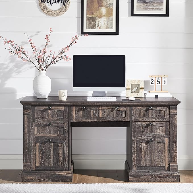 OKD 60" Executive Desk with Drawers, Farmhouse Home Office Desk with Charging Station, Keyboard Tray, File Cabinet Storage, Wood Computer Desk for Work and Study, Dark Rustic Oak