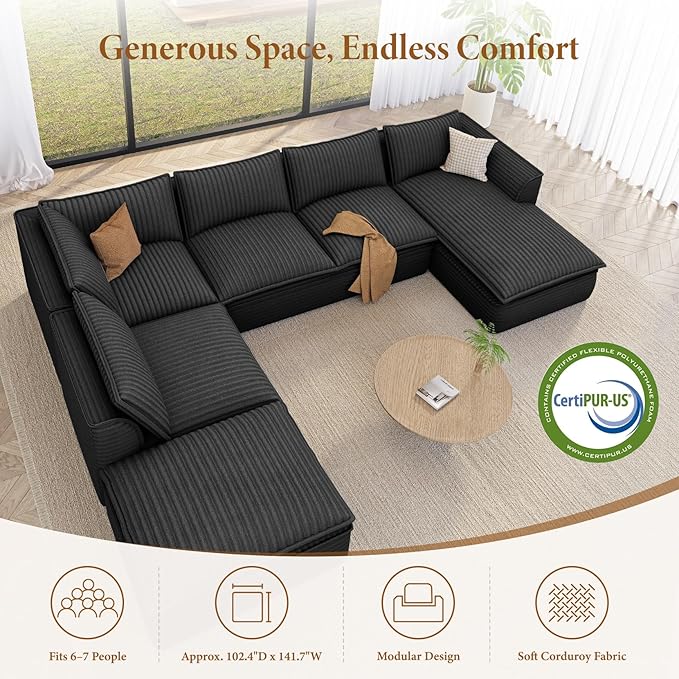 Vesgantti 141.7" Oversized Sectional Boneless Couch, Modern 7 Seater Modular Sofa with Chaise & Ottoman, Deep Seat Plush Corduroy Cloud Couches for Living Room, No Assembly Required, Dark Gray