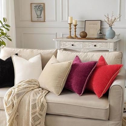 decorUhome Christmas Chenille Soft Throw Pillow Covers 12x20 Set of 2, Lumbar Velvet Farmhouse Neutral Decorative Euro Pillow Covers with Stitched Edge for Couch Sofa Bed Home Decor, Rhododendron