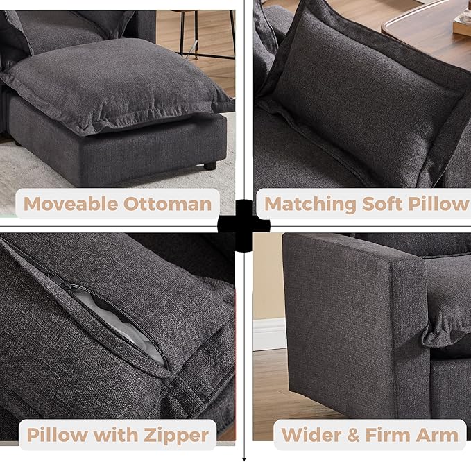 chairus 68" Love Seat Sofa with Ottoman Upholstered Linen Deep Seat Couch with Pillow Modular Oversized Couch Sleeper for Living Room, Bedroom, Reception Room, Apartment, 2-Seater/Black