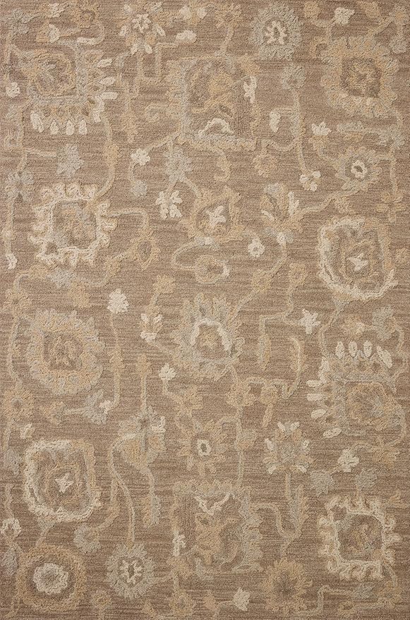 Loloi Chris Loves Julia Dorothea Collection DRT-01 Bark/Stone 3'-6" x 5'-6" Accent Rug Wool Neutral Floral Living Room Bedroom Carpet