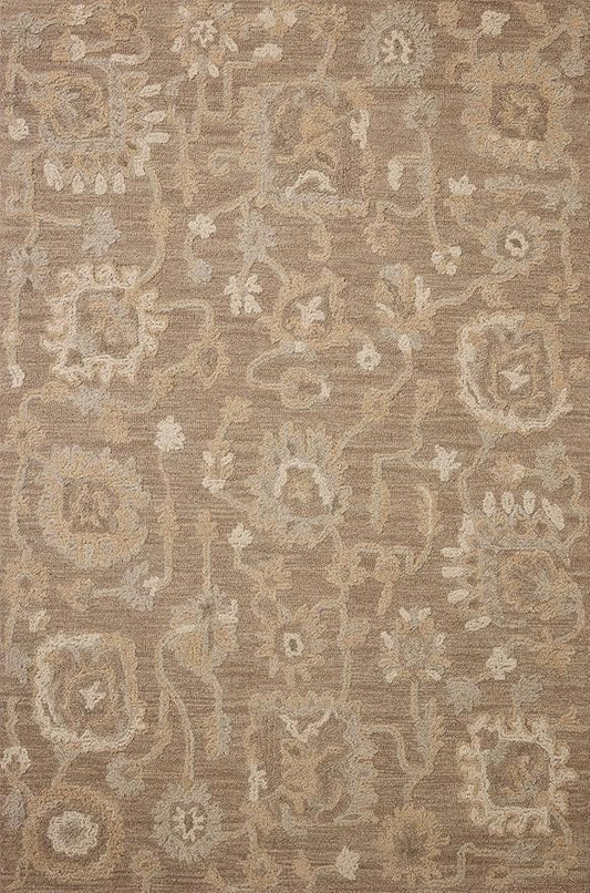 Loloi Chris Loves Julia Dorothea Collection DRT-01 Bark/Stone 3'-6" x 5'-6" Accent Rug Wool Neutral Floral Living Room Bedroom Carpet