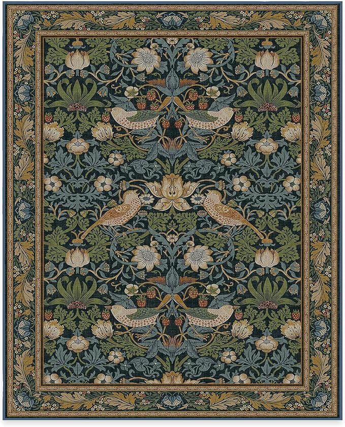 RUGGABLE x Morris & Co Washable Area Rug – Strawberry Thief Indigo 8x10, Stain-Resistant, Non-Slip – Large Machine Washable Rugs for Living Room, Bedroom, Hallway, Entryway & Office–with Standard Pad