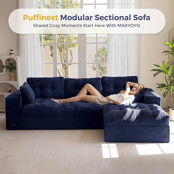 MAXYOYO 104" L Shaped Modular Sectional Sofa with Ottoman, Cloud Boneless Couch with Layered Cushion, Upholstered Sofa in a Box, Flexible Module Combination for Living Room, No Assembly, Navy