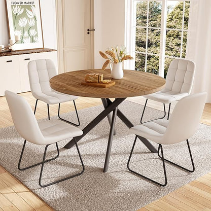 45.3 Inch Round Dining Table Set for 4, Mid Century Modern Small Coffee Set for Dining Room Kitchen Apartment (Light Walnut + 4 U-Shaped White Chairs)