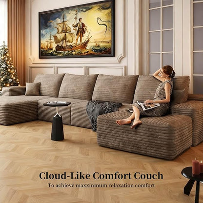 135.4" Large Cloud Modular Sectional Couch with Ottoman, Minimalist Upholstered Couches, Comfort U Shaped Sofa for Living Room,Deep Seat Corner Couch，No Assembly Required (Camel,Left Facing Chaise)