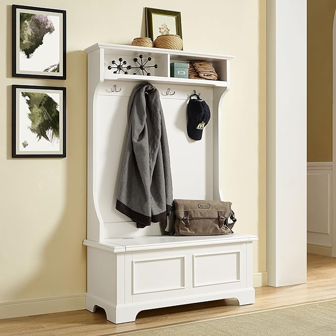 Crosley Furniture Campbell Hall Tree with Storage Bench and Coat Rack Hooks for Hanging, White