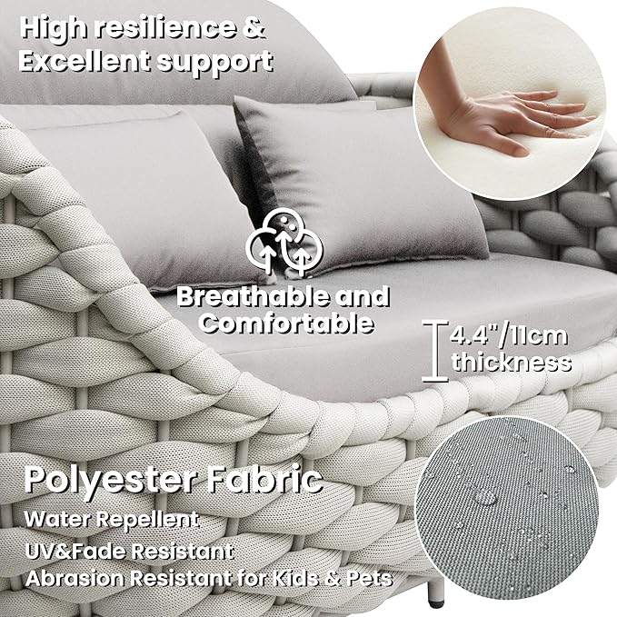 4 Pieces Woven Rope Patio Conversation Set: Rustproof Aluminum Frame, Weather Resistant, Thick Cushions, No Assembly, Easy to Clean, Comfy Outdoor Sofa Set for Porch Deck Yard Hotel - Gray