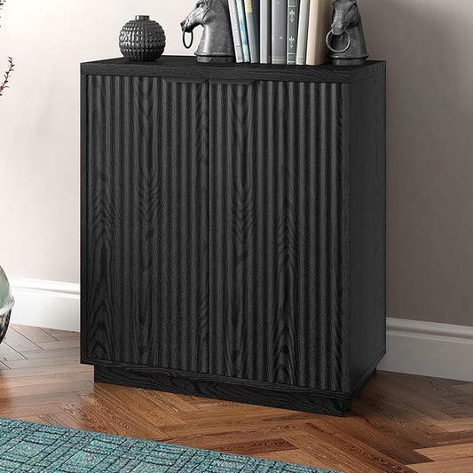 Henn&Hart 28" Fluted Wooden Accent Cabinet, Modern Ribbed Sideboard Buffet Cabinet with 2 Doors and an Adjustable Shelf for Living Room, Dining Room, Bedroom or Entryway, Black Grain
