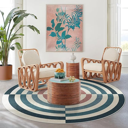 RUGGABLE x Jonathan Adler Machine Washable Modern Area Rug – Op Art Teal 6 ft Round, Stain-Resistant, Non-Slip – Medium Rugs for Living Room, Bedroom, Hallway, Entryway & Office–with Cushioned Pad