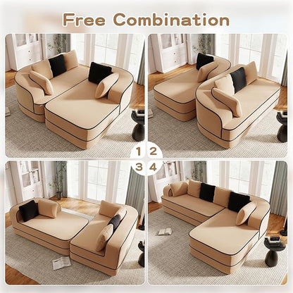 Cloud Sectional Sofa Modern Boneless Couch for Living Room, Comfy Deep Seat Comfy Teddy Fabric Double Sofa Chaise No Assembly Required (Camel, 106" L Shape with Right Facing)