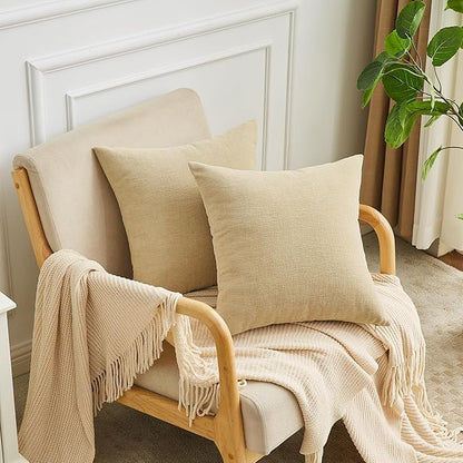 GAWAMAY Decorative Square 16x16 Inch Throw Pillow Covers Set of 2, Super Soft Chenille Pillows Farmhouse Fall Pillowcase for Living Room Bedroom Sofa Couch Cushion Cover Khaki 40x40cm (No Insert)