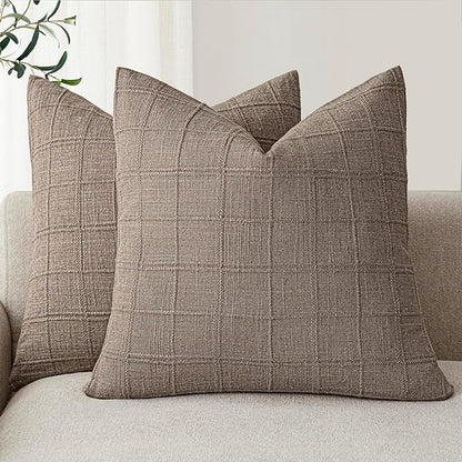 Foindtower Set of 2 Decorative Linen Check Throw Pillow Covers Neutral Farmhouse Vintage Cushion Covers Modern Boho Home Decor for Sofa Chair Couch Bedroom Living Room,22×22 Inch,Tan Taupe
