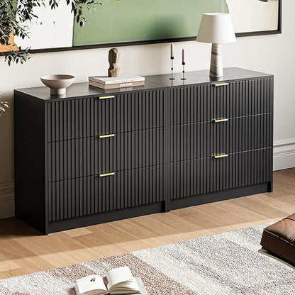 3-Piece Dresser Bedroom Set, 6 Drawer Dresser & 3 Drawer Nightstands with Gold Handles, Fluted Wood Chest of Drawers for Bedroom, Living Room, Entryway, Black