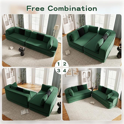 135" Modular Sectional Couch, 4-Seater with Throw Pillows Modern Teddy Fabric Foam Boneless Sofa for Living Room, Oversized with Deep Seat, No Assembly Required,Green