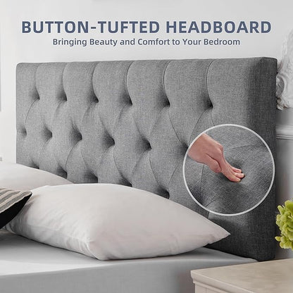 Linen Upholstered Headboard Twin Size, Diamond Tufting Solid Wood Twin XL Headboard Only, Adjustable Height from 37” to 51” Head Board, Dorm Bed Frame or Wall Mount Headboards, Light Grey