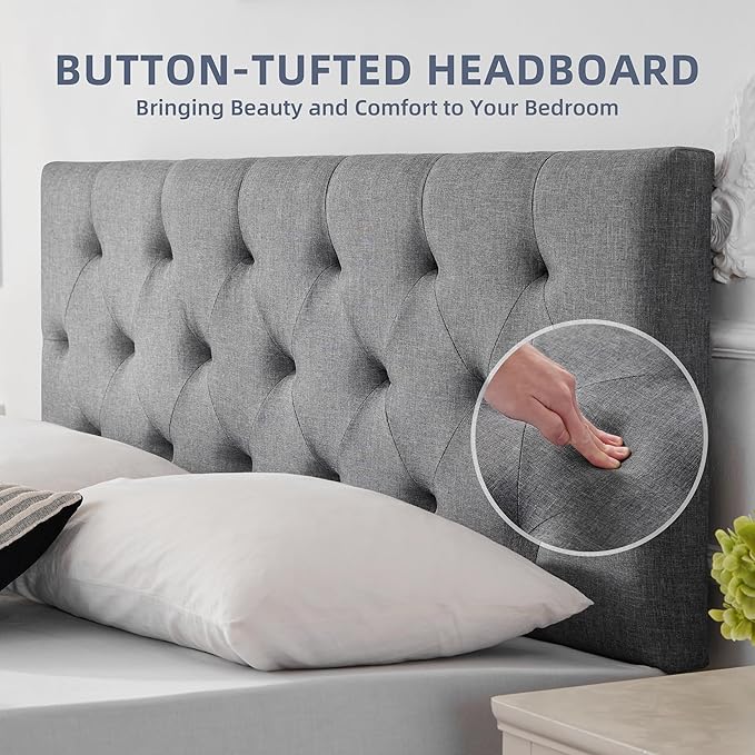 Linen Upholstered Headboard King Size, Modern Diamond Tufting Solid Wood Cali King Headboard Only, Adjustable Height from 37” to 51” Head Board, Bed Frame or Wall Mount Headboards, Light Grey