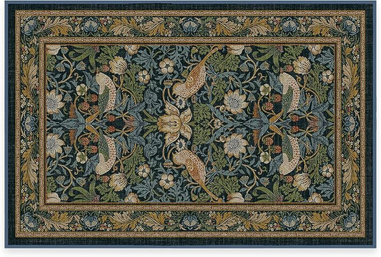 RUGGABLE x Morris & Co Machine Washable Area Rug – Strawberry Thief Indigo 2x3, Stain-Resistant, Non-Slip – Small Rugs for Living Room, Bedroom, Hallway, Entryway & Bathroom–with Cushioned Pad