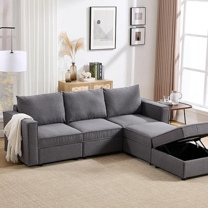 90 Inches Cloud Modular Sectional Sofa, L Shaped Linen Couch with Reversible Chaise, 3 Seater Convertible Comfortable Sofa Couch for Living Room/Apartment, Grey